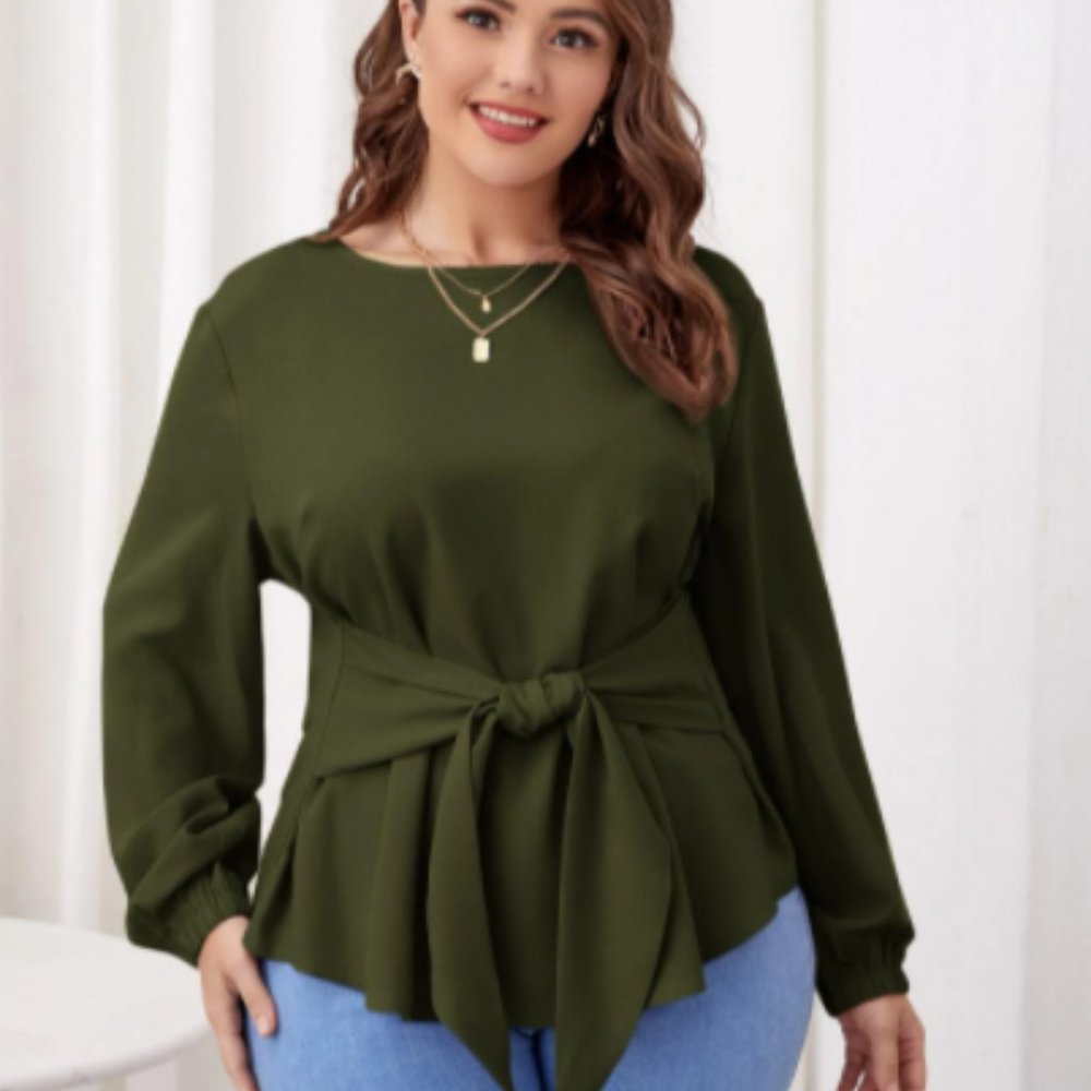 Army Green- Plus Knot Front Bishop Sleeve Top